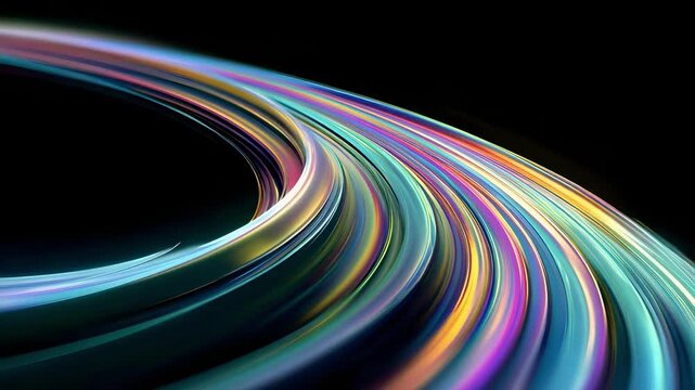 Vibrant neon light trails curve across a dark background. - Powered by Adobe