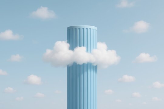 Surreal blue column rising through a white fluffy cloud in a serene sky with soft pastel tones and minimalist dreamy aesthetic concept. Ai generative