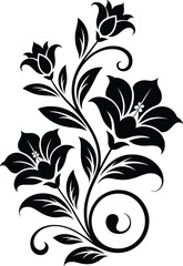 Black Floral Vector Design, Elegant Decorative Flower Illustration.
