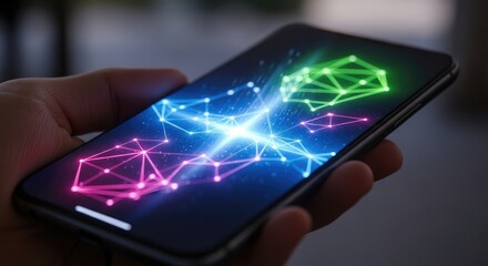 Hand holding smartphone with colorful network design on the screen