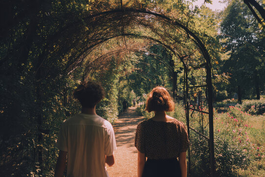 Couple walking metal garden arch covered with green vine foliage, enjoying nature peacefully