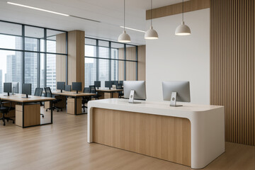 Modern open office interior with wood and white reception desk, minimalist workstations, and large windows overlooking city skyline in daylight. Ai generative