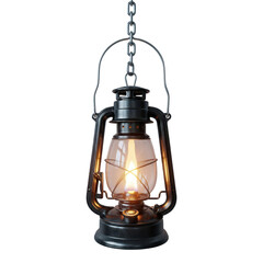 Antique kerosene lantern hanging on a chain isolated on transparent background