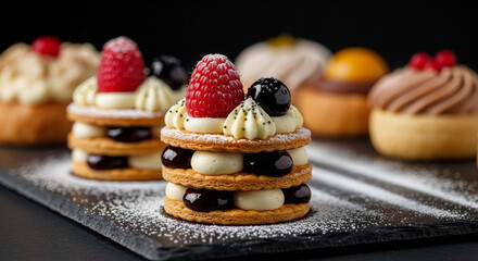 Indulge in a decadent treat: Exquisite pastries with fresh berries and creamy fillings, perfect for dessert menus, bakery promotions, and sweet moments