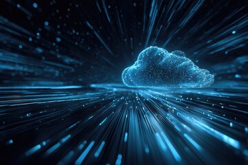 Digital render of a cloud with radiant light streaks, representing a data network