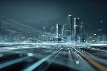 Futuristic urban landscape showcasing interconnected city elements with data flow lines