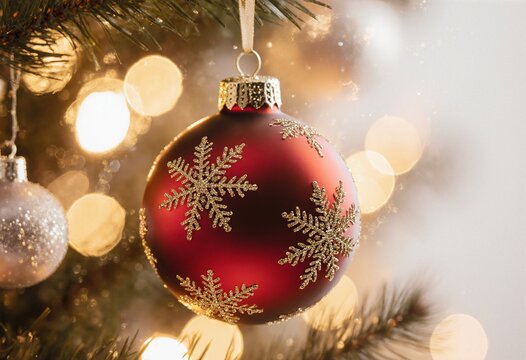 A stunning red Christmas ornament adorned with glittering gold snowflakes - Powered by Adobe