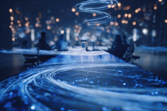 A top-down view of a conference table, featuring a glowing digital data stream. Bokeh background