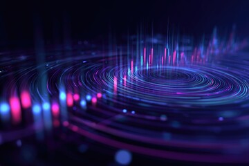 Abstract digital visualization of concentric circles, data streams, and rising graph-like bars