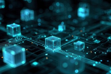 Futuristic, glowing cubes connected by circuit board lines, suggesting data flow and network