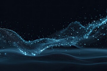 Digital illustration of floating illuminated particles and a net-like mesh in shades of blue