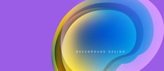 Abstract fluid shapes overlap, creating vibrant purple, blue, yellow gradients. Modern design element for backgrounds, presentations.