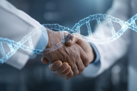 Collaboration in Scientific Research with DNA Helix and Handshake Concept
