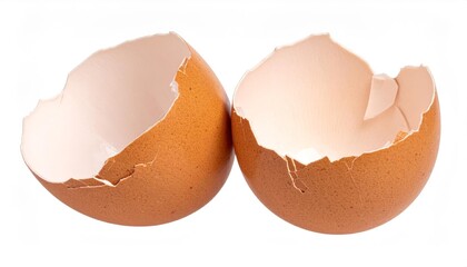 Two cracked brown eggshells isolated on white background with copy space