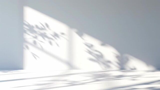 Dappled shadows of tree branches and leaves slowly shift on a pristine white wall and floor in a minimalist room with soft, high-key natural light. Peaceful contemplation atmosphere