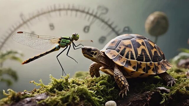 Turtle and dragonfly interaction