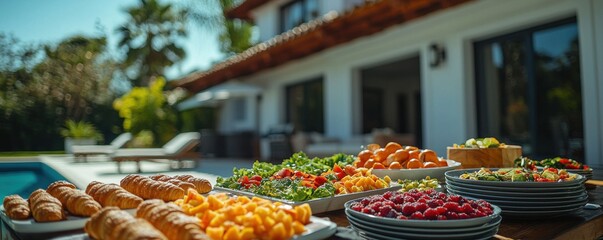 Outdoor breakfast with fresh fruits and pastries by a swimming pool