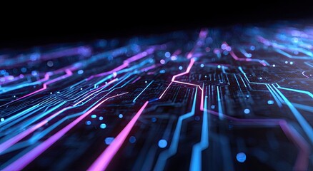 Abstract perspective of a circuit board glowing with neon lines and dots over a dark background