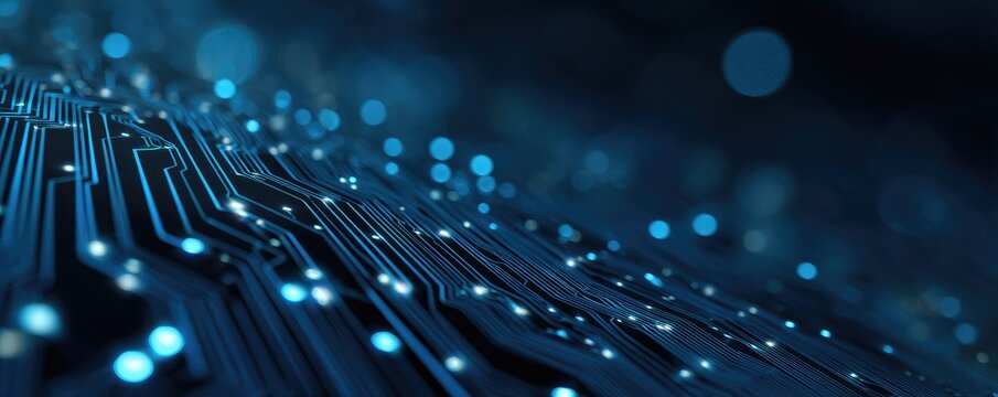 Detailed, angled shot of a circuit board with glowing blue lines and lights, blurred background