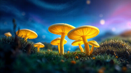 Fototapeta premium Vibrant Yellow Mushrooms Against Twilight Sky with Dreamy Bokeh and Lush Green Moss 