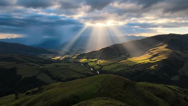 Beautiful mountain landscape aerial view with sun rays shining through the clouds nature travel