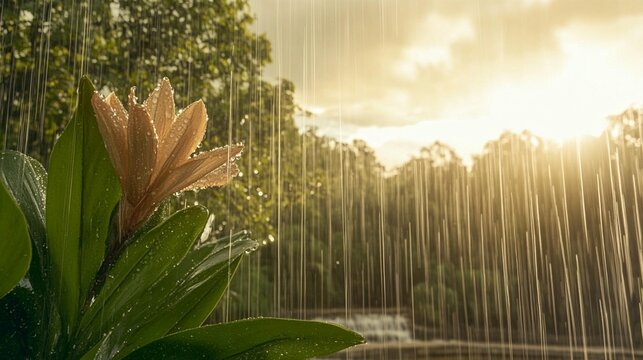 Radiant golden light shining through refreshing rain on a vibrant tropical plant in a lush forest