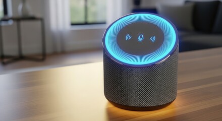 Close up of a smart speaker with a blue light on a wooden surface