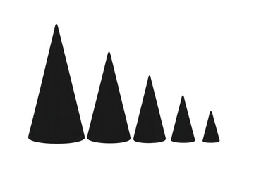 Black cones silhouette decreasing in size, abstract geometric shapes illustration on transparent background