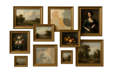 Collection of classic art prints, ideal for enhancing an elegant dining space.