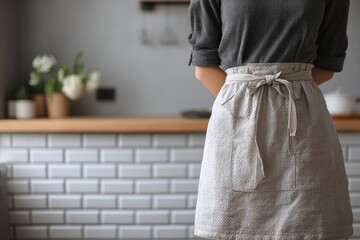 Faceless person tying apron in minimalist kitchen, shallow depth of field, neutral colors, space for text