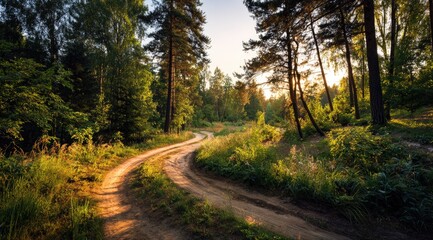 Obraz premium Sunlit forest path winding through lush greenery