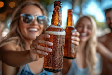 Group of friends toasting beer bottles outside on a sunny day
