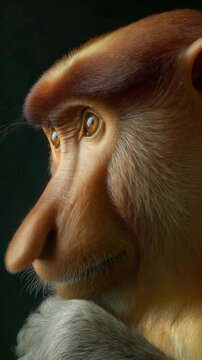 A monkey is gazing thoughtfully while resting in a peaceful and dark environment