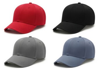 Four colorful baseball caps arranged in a grid