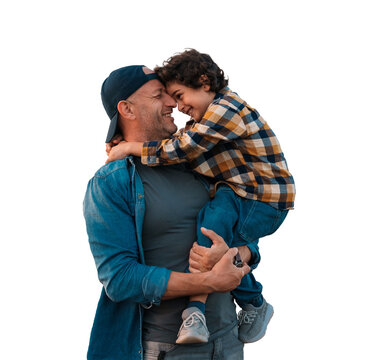 A joyful father and son embrace against transparent  background, sharing smiles