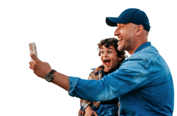 Father and child share a moment of excitement as they take a selfie on transparent  background, capturing joy and laughter