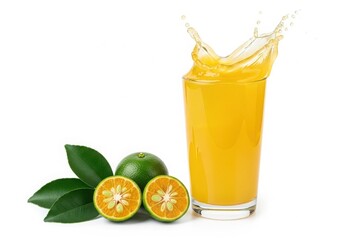 Fototapeta premium Refreshing orange juice splash with fresh citrus fruits and leaves