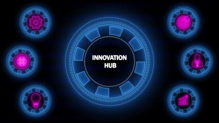 Digital Innovation Hub with Futuristic Interface and Icons on Binary Code Background technology - Powered by Adobe