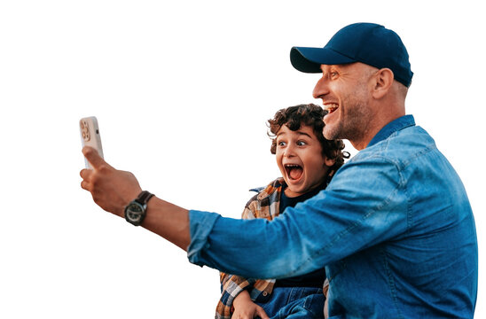 Father and child share a moment of excitement as they take a selfie on transparent  background, capturing joy and laughter