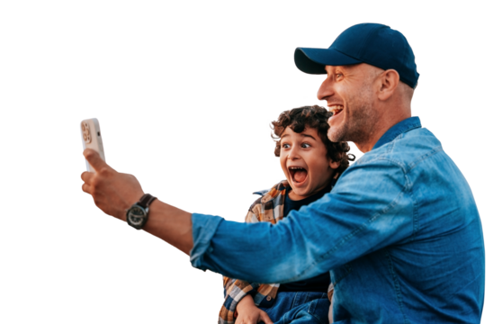 Father and child share a moment of excitement as they take a selfie on transparent  background, capturing joy and laughter