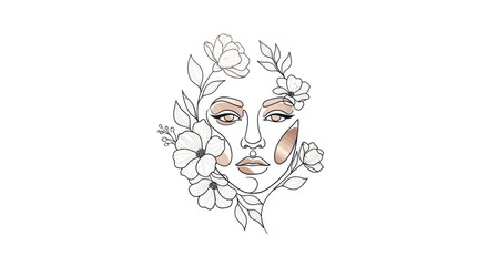 Elegant Woman Face with Floral Elements Line Art.