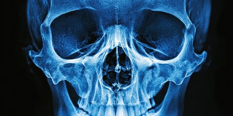 Human skull illuminated in blue