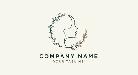 Elegant Beauty Logo with Floral Wreath and Womans Profile Silhouette.