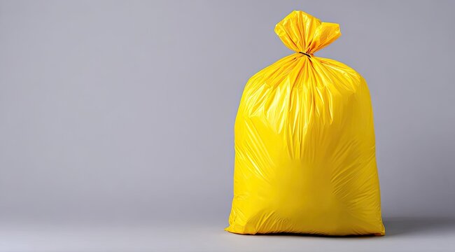 Bright yellow plastic garbage bag against gray background
