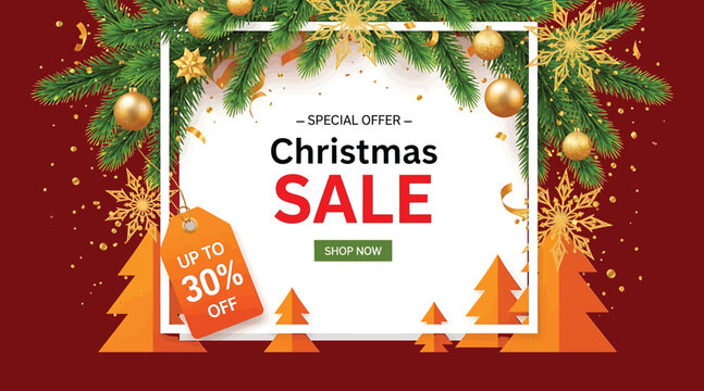 Christmas sale banner with fir branches, golden balls, snowflakes and christmas trees on red background special offer up to 30 off shop now christmas sale concept