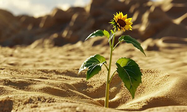 Cinematic macro motion footage showing sunflower plant growing from sand,generative ai