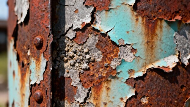 Closeup of peeling turquoise paint, rust blisters and rivets on weathered steel in crisp foreground, with blurred outdoor yard in background, gritty textures and cracks, concept of industrial decay