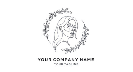 Elegant line art portrait of a woman surrounded by floral elements.