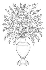elegant floral arrangement in a vase, rendered in detailed line art perfect for coloring.