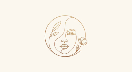 Elegant Line Art Face with Floral Accents in Circle.